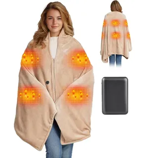 Moteoza Heizdecke Kabellos mit 10000mAh Akku, 160x90cm Elektrische Flanell Wärmedecke Tragbar für Damen & Herren, 3-Stufen-Heizung, Waschbar für Zuhause, Büro, Camping, Khaki