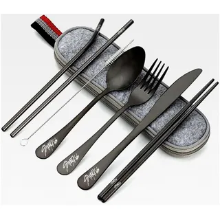 8-teiliges Edelstahl Camping Besteckset, Schwarz, Outdoor Besteck Set mit Etui, bestehend aus Löffel, Gabel, Messer, Essstäbchen, Strohhalmen, Reinigungsbürste und Bestecktasche