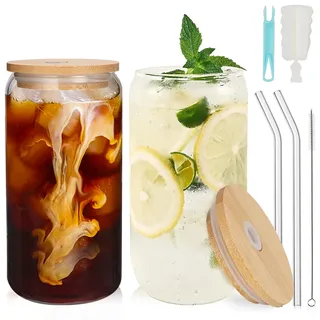 UHAPEER Cocktailgläser in Dosenform 2er Set, 550ml/19oz Gläser Set mit Deckel und Strohhalm, Longdrinkgläser Bierdosen Glas, Trinkgläser für Kaffee, Mojito, Soda, Matcha, Bier