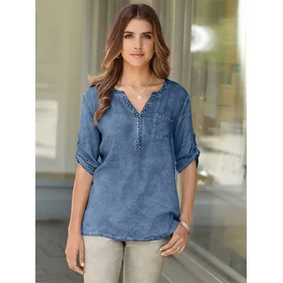 Kurzarmbluse CLASSIC BASICS, Damen, Gr. 48, blau, 100% Viskose, gemustert, unifarben, Rundhals, Blusen Kurzarmbluse