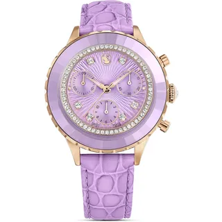 Swarovski Octea Chrono Uhr, Violette, Analoge Armbanduhr mit Lederarmband, Roségoldfarbenem Finish und Klaren Kristallen, Armbandlänge: 15.5-17.5 cm, Armbandbreite 1.6 cm