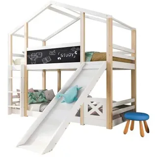Etagenbett, 90x200 cm, Kinderbett mit 2 Schlafgelegenheiten, Lattenrost, Leiter und Rutsche, Hausbett aus Kiefer, Hochbett inkl. Rausfallschutz - Weiß
