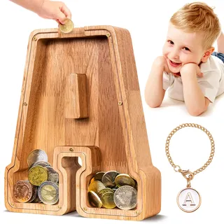 Summidate Spardose für Kinder Junge, Personalisiert Holz Großes Sparschwein, Unzerbrechliches Buchstabe A-Z Sparbüchse für Kinder Mädchen, Erwachsene, Geschenk&Dekoration