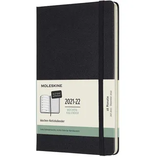 Moleskine 18 Monate Wochen Notizkalender Deutsch 2021/2022, Large/A5, 1 Wo = 1 Seite, rechts linierte Seite, Gebunden, Schwarz