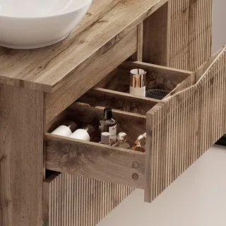 Badezimmer Waschtischunterschrank mit 60 cm Breite in Eiche mit gerillter Front, 2 Schubladen - CALURI-140
