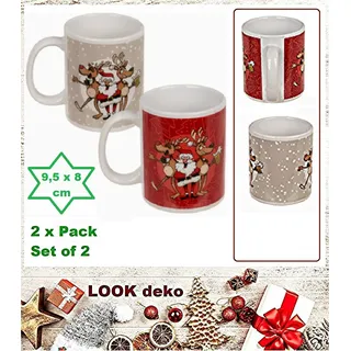 Verrückter Weihnachtsmann Rentier Kaffeebecher 2er Set Rot & Beige