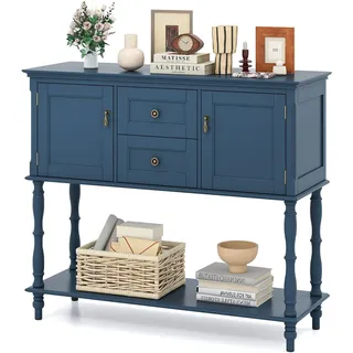 FANTASK Vintage Konsolentisch Blau mit 2 Schubladen und 2 Schränken (Blau) | Flurtisch aus Kiefernholz mit offenem Bodenfach, Kippschutz, Beistelltisch für Wohnzimmer und Flur