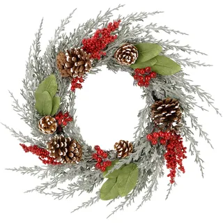 Zavothy Türkranz Weihnachten 50 cm, Weihnachtskranz, Künstlicher Kranz mit Tannenzapfen und Weihnachtskugeln, Adventskranz, Weihnachtsdeko, Haustür Dekoration,Selady und Rot