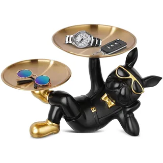 Französische Bulldogge Tablett Deko, Bulldogge Schlüsselschale Schlüssel Aufbewahrungs, Coole Französische Bulldogge Figur mit Tablett, Hunde Skulptur Aufbewahrungsbox für Schlüssel Süssigkeit