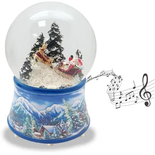 Schneekugel Weihnachten Spieluhr | Weihnachtsmann im Schlitten | Sockel Winterlandschaft hellblau | mit Musik | H:14 cm B: 10 cm | Schüttelkugel | 20103