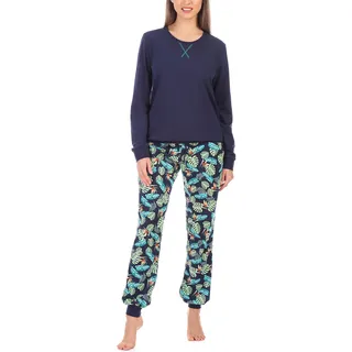 Merry Style Damen Lang Zweiteiliger Schlafanzug aus Baumwolle Pyjama Set Winter MS10-168 (Marineblau Blätter, S)