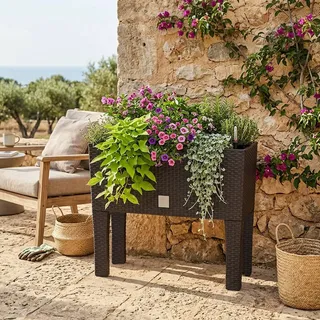 Blumenkasten für Blumen, hoher Pflanzgefäß mit Beinen, großer Blumentopf für den Innen- und Außenbereich, Kunststoff, Rattan-Effekt, für Terrasse, Garten oder Wohnzimmer, UV-beständig, 46 cm hoch x 60