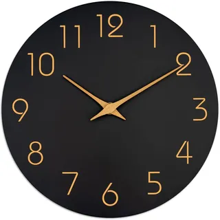 Mosewa Große Wanduhr, 20,3 cm, schwarz, batteriebetrieben, leise, Nicht tickend, einfach, minimalistisch, rotgoldene Ziffern, dekorativ, für Schlafzimmer, Wohnzimmer, Küche, Zuhause, Bad, Büro