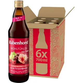 RABENHORST Wohlfühlen mit Eisen 6er Pack (6 x 700 ml) - Mehrfruchtsaft mit Hibiskusblüten-Essenz, Eisen, Vitamin C, B6 und B12 für die Blutbildung und den Energiestoffwechsel
