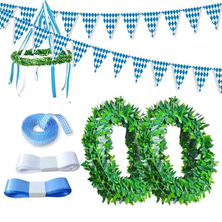 Dumeher DIY Oktoberfest Deko DIY Bayerische Dekokranz Maibaum mit Oktoberfest Wimpelkette Deko Oktoberfest für Bierfest Party Hausgarten Bar, Blau/Weiß, Kranz-Durchmesser: 30~40cm