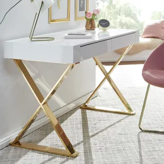 FineBuy Schreibtisch 118x76x57 cm Holz Hochglanz Weiß Metallbeine Golden Design Computertisch PC-Tisch Bürotisch Modern Konsolentisch Schubladen - Weiß