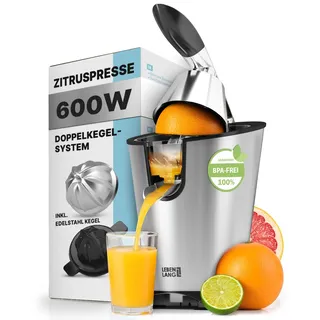 LEBENLANG Saftpresse elektrisch 600W - Inkl. Edelstahlkegel & BPA-Frei I Hohe Ergiebigkeit I Orangenpresse Zitruspresse Zitronenpresse Orangensaftpresse I Orange Juicer Press Zitronen