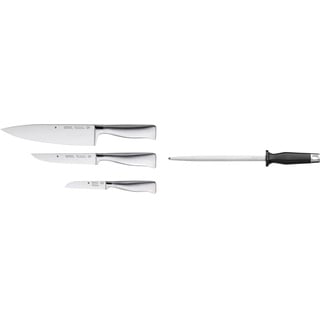 WMF Grand Gourmet Messerset 3teilig Made in Germany, 3 Messer geschmiedet, Küchenmesser & Spitzenklasse Plus Wetzstahl 36 cm, Wetzstab für Messer, Cromargan Edelstahl, Stahllänge 23 cm