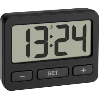 TFA Dostmann Digitale Miniuhr, 60.2035.01, mit Tastensperre-Funktion, Tischuhr, auch geeignet für Auto/Wohnmobile, Uhr für Klausuren & Examen, klein und handlich, mit Magnet und Ständer, schwarz - Schwarz