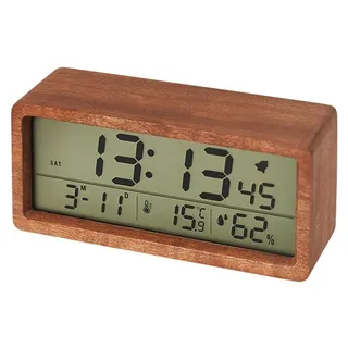 Neue, schlichte Nachttischuhr aus Massivholz mit Temperatur- und Feuchtigkeitsanzeige, Leuchtzeiger, großes Display, kreatives Design, Holzwecker, Sapele-Braun