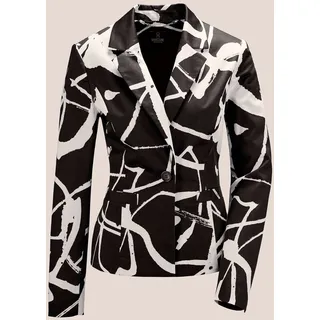 Jackenblazer MADELEINE "Blazer Kurzblazer mit Unikat-Print", Damen, Gr. 38, schwarz (schwarz, weiß), Obermaterial: 98% Baumwolle CO. 2% Elasthan EL., Modern, figurbetont, Blazer Jackenblazer