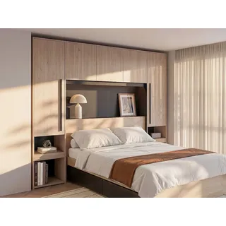 Bett mit Stauraum + Lattenrost + Matratze - 160 x 200 cm - Mit LED-Beleuchtung - Holzfarben & Schwarz  - VELONA
