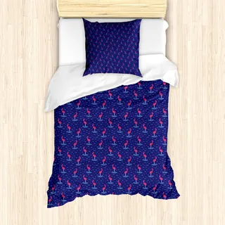 ABAKUHAUS Flamingo Bettbezug Set für Einzelbetten, Gewellte See-Nette Vögel, Milbensicher Allergiker geeignet mit Kissenbezug, Violettblau Dunkle Koralle Himmelblau