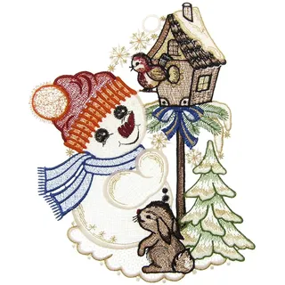 W. Reuter & Sohn - Plauener Spitze Fensterbild "Süßer Schneemann" Made in Germany, braun, grün, rot