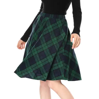 Allegra K Damen Karo Rock Festlich A-Linie Hohe Taille Kammgarn Kariert Midirock Grün L