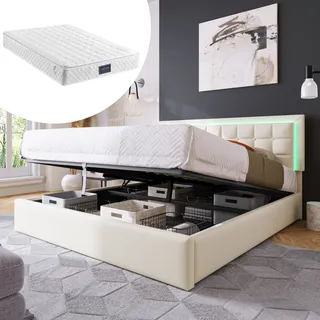 MODFU Boxspringbett Polsterbett Hydraulisches 160x200cm mit Bettkasten und Lattenrost, inkl. LED-Beleuchtungsleiste, Doppelbett Stauraumbett Funktionsbett aus Kunstleder, Weiß(Mit Matratze) - Weiß