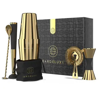 BarDeluxe® Boston Shaker Set 5-teilig, Barkeeper Set, Cocktail Mix Set - 750ml Cocktailshaker Boston, Cocktail Set Edelstahl, Cocktail Zubehör - Luxus Geschenkset, Tasche & Rezeptbuch (Gold)