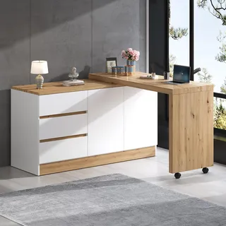 STILVORA Schreibtisch mit Rollen und drehbarer Tischplatte,Eckschreibtisch mit faltbarem Design,Sideboard mit feststellbarer Funktion und 4cm Tischplatte - Weiß