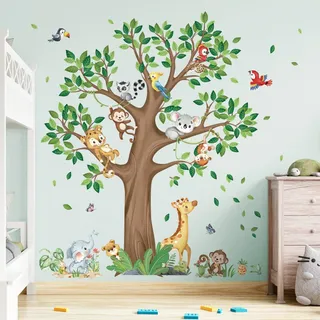 decalmile Wandtattoo Dschungel Tiere Groß Baum Wandaufkleber Giraffe Koala Leopard Safari Wandsticker Kinderzimmer Babyzimmer Wohnzimmer Wanddeko