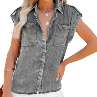 Bluse Damen,Damen-Jeansbluse Sommer-Vintage-Waschung Verblasste Hemden Mit V-Ausschnitt Oberteile Lässige Lockere Ärmellose Blusen Mit Knopfleiste Tunika-Oberteile Distressed-Chambray-Jeans-Wester