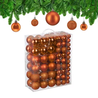 Relaxdays Weihnachtskugeln im 138er Set, Kunststoff, glitzernde, Matte, glänzende Baumkugeln, Christbaumschmuck, orange