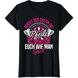 Reicht der Chefin die Pfeile und sie zeigt Dartspielerin T-Shirt, Damen, Schwarz, XL