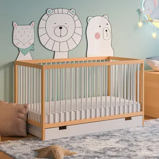 Babybett mit Schublade Kinderbett Gitterbett 60x120 & 70x140 cm höhenverstellbar & herausnehmbare Sprossen | 70x140 cm Buchenholz Natur-weiß sehr stabil Europe