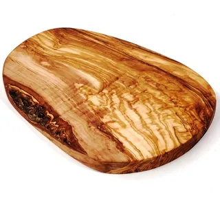 DAS OLIVENHOLZBRETT® Schneidebrett aus Olivenholz/Olivenholzbrett/Servierbrett aus Holz/Frühstücksbrett/Brotzeitbrett/Steakbrett Holz/Naturschnitt - Rinde am Rand möglich 30-34cm lang / 15-17cm breit