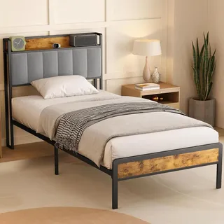 Bealife Plattformbett 90 x 200 cm, Bettgestell aus Metall und Holz mit Gepolstertem Kopfteil, Leises und Stabiles Metallbettgestell für Kinder, Jugendliche und Erwachsene (Light Gray, 90 * 200)