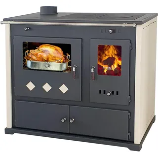 Kaminofen mit Backfach und Herdplatte Pracktik Lux Beige LINKS Holzofen 9,5 kW Kamin Ofen Dauerbrandofen Werkstattofen Schwedenofen Hüttenofen Heizofen - Beige