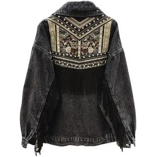 Jeansjacke Damen,Damen Jeansjacke Mit Boho Quaste Blumenstickerei Wildleder Fransen Jeans Oberteile Maßgeschneiderter Stretch Jeansmantel Mit Trucker Knopf Strickjacke Kurze Jeansjacke Für Mädchen H