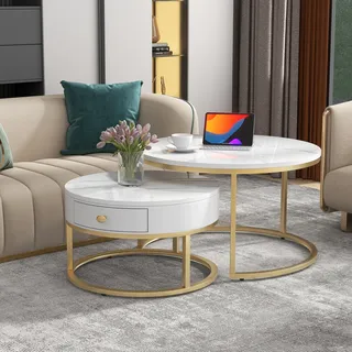 MODFU Couchtische Nesting Couchtisch Beistelltisch runde, Weiß und Gold - Weiß