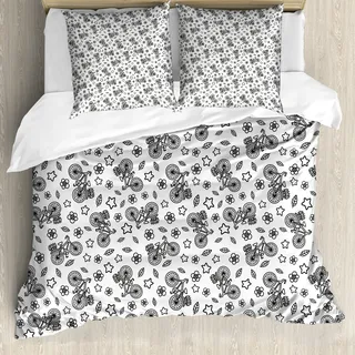 ABAKUHAUS Fahrrad Bettbezug, Blumen Sterne in Schwarz, Milbensicher Allergiker geeignet mit Kissenbezügen, 155 cm x 220 cm - 80 x 80 cm, Schwarz-Weiss - Schwarz