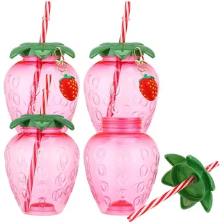 Toyvian Süßer Erdbeer Becher mit Strohhalm, Kawaii Sommer Trinkbecher Aesthetic Auslaufsichere Kunststoff Trinkflasche für Mädchen Frauen Erfrischende Pool Deko für Eiskaffee Bubble Tea Smoothies