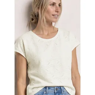 Shirttop STREET ONE, Damen, Gr. 44, weiß (sanftes weiß), Jersey, Obermaterial: 97% Baumwolle, 3% Elasthan, unifarben, normal, V-Ausschnitt, Tops Shirttop, überschnittene Schultern, gerundeter V-Ausschnitt