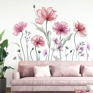 decalmile Wandtattoo Mohnblume Groß Rosa Wandaufkleber Blumen Aquarell Pflanzen Wandsticker Schlafzimmer Wohnzimmer Fenster Wanddeko