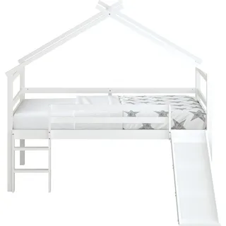 Sunny River Halbhohes Hausbett aus Holz mit Rutsche in Braun & Weiß | Kinderbett / Hochbett in Haus Form ohne Matratze | Einzelbett in 213 x 186 x - Weiß