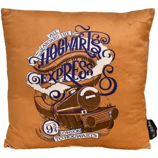 Elbenwald Harry Potter Kissen mit Hogwarts Express Design - 40 x 40 cm - mit Express Ticket auf der Rückseite - Für Herren Damen Unisex - Geschenkidee - Dekokissen - Braun