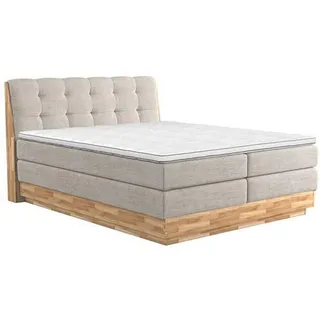 Xxxl Boxspringbett , Creme , Textil , Eiche , massiv , H3 + H4 , 7-Zonen , 200x200 cm , Fsc , Bettkasten, Matratze, gepolstertes Kopfteil, Topper durchgehend, Wendematratze mit unterschiedlichen Härtegraden , Schlafzimmer, Betten, Boxspringbetten