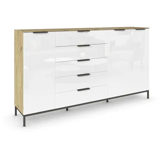 Rauch Möbel Flipp, Nachttisch für Schlafzimmer, Flur, Garderobe, 3-türig, 5 Schubladen, mit Softclose-Funktion, Griffe und Metallkufe Graphit, Farbe Eiche Artisan, Holz/Glas Weiß, Breite 199 cm